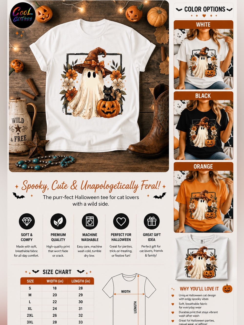 Halloween Ghost Graphic Tee NEW S M L XL fun ghost with pumpkin and flowers sand